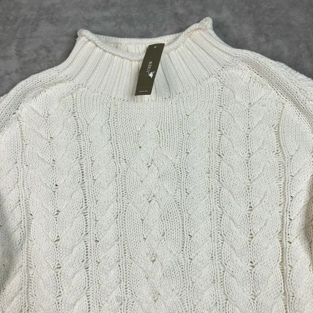 J Crew 2025 Rollneck Cableknit Sweater Womens XS Ivory Cotton Preppy